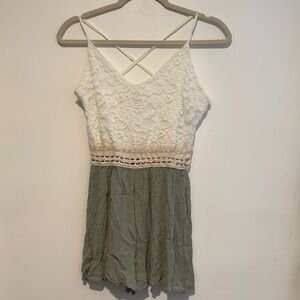 White Lace & Olive Green Spaghetti Strap Romper